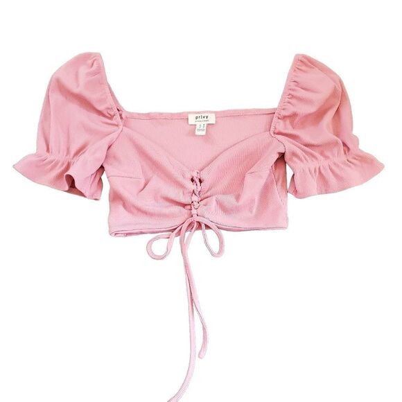 💛 Privy Pink Ribbed Crop Top with Statement Ruffle Sleeves Women's Size Medium - Picture 1 of 6